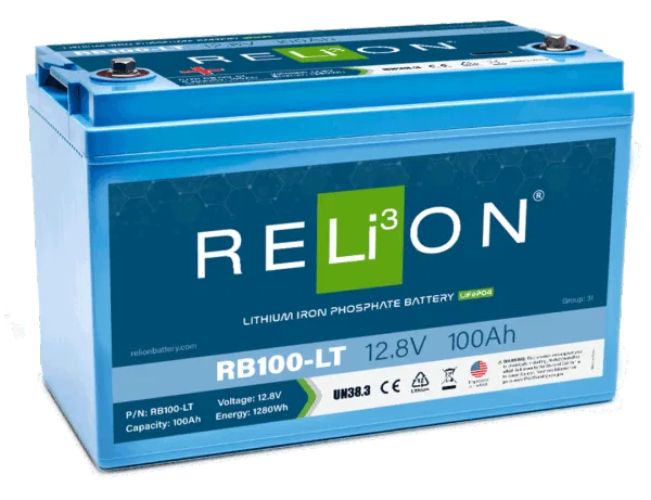 RB100-LT – RELION Battery, Group 31 12 Volt 100 AH Capacity M8 Threaded Stud Top Terminals Lithium 13 Inch Length 6.8...